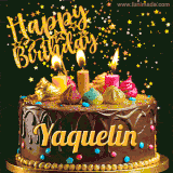 A delightful chocolate birthday cake with bright candles and 'Happy Birthday Yaquelin' written in gold amidst a shower of animated stars.