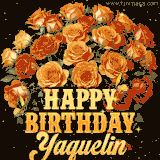 Animated bouquet of orange roses with moving butterfles and golden 'Happy Birthday Yaquelin' text, surrounded by sparkling accents and a dark backdrop for a luxurious feel.