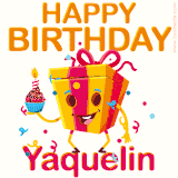 A vibrant and funny gift box character with a happy face dancing with a cupcake and the text 'Happy Birthday Yaquelin,' surrounded by animated confetti and party vibes.