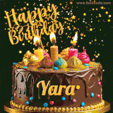 A delightful chocolate birthday cake with bright candles and 'Happy Birthday Yara' written in gold amidst a shower of animated stars.