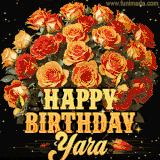 Animated bouquet of orange roses with moving butterfles and golden 'Happy Birthday Yara' text, surrounded by sparkling accents and a dark backdrop for a luxurious feel.