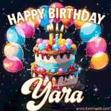 Bright birthday animation for Yara with a chocolate cake, candles, balloons, and glowing celebratory lights.