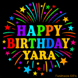 Personalized greeting card with name, colorful text that says 'Happy Birthday Yara' surrounded by animated fireworks and multicolor stars
