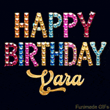 Vibrant luxury birthday greeting card for Yara, showing glittering gemstone letters and golden calligraphy on a dark background with twinkling shine effects.