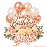 Beautifully animated Happy Birthday Yara e-card with rose gold decorations