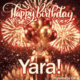 Bright birthday GIF with Yaras name, decorated with a red gift box, gold ribbons, and exploding sparklers.
