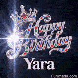 Shimmering animated card with a silver crown and diamond letters on a dark backdrop, personalized for Yara.
