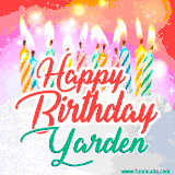 Bright birthday candles with rainbow flames on a cake, alongside the text 'Happy Birthday Yarden' in vibrant script in this celebratory animated GIF.