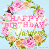 A charming animated GIF featuring 'Happy Birthday Yardena' in pink and green text, surrounded by delicate roses, leaves, and fluttering butterflies on a soft light blue pastel background.