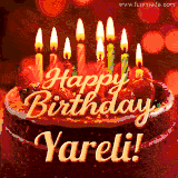 Beautifully decorated red velvet berry birthday cake with vibrant fruits and a glowing 'Yareli' name, adding a touch of sweetness and sparkle.
