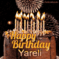 A glowing personalized birthday GIF with name Yareli featuring lit candles with intricate designs, warm lighting, and the text 'Happy Birthday' in an elegant font.