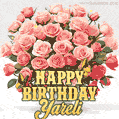 Birthday wishes to Yareli with a charming GIF featuring pink roses, butterflies and golden quote