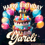 Bright birthday animation for Yareli with a chocolate cake, candles, balloons, and glowing celebratory lights.