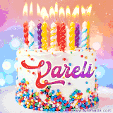 A cheerful white birthday cake with multicolor sprinkles, lit candles, and 'Yareli' written in vibrant letters, in an animated GIF.