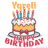 Cartoon birthday cake with a red bow, glowing candles, and 'Yareli Happy Birthday' text in bold animated style.