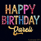 Vibrant luxury birthday greeting card for Yareli, showing glittering gemstone letters and golden calligraphy on a dark background with twinkling shine effects.