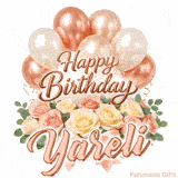 Seamlessly looping Happy Birthday Yareli wish with pastel flowers and balloons