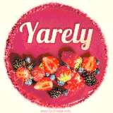 Beautifully decorated red velvet berry birthday cake with vibrant fruits and a glowing 'Yarely' name, adding a touch of sweetness and sparkle.