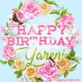 A charming animated GIF featuring 'Happy Birthday Yareni' in pink and green text, surrounded by delicate roses, leaves, and fluttering butterflies on a soft light blue pastel background.