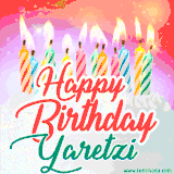 Bright birthday candles with rainbow flames on a cake, alongside the text 'Happy Birthday Yaretzi' in vibrant script in this celebratory animated GIF.