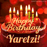 Beautifully decorated red velvet berry birthday cake with vibrant fruits and a glowing 'Yaretzi' name, adding a touch of sweetness and sparkle.
