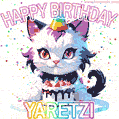 Cute cosmic cat with a birthday cake for Yaretzi surrounded by a shimmering array of rainbow stars