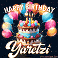 Hand-drawn happy birthday cake adorned with an arch of colorful balloons - name GIF for Yaretzi