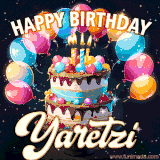 Bright birthday animation for Yaretzi with a chocolate cake, candles, balloons, and glowing celebratory lights.