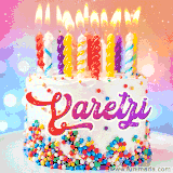 A cheerful white birthday cake with multicolor sprinkles, lit candles, and 'Yaretzi' written in vibrant letters, in an animated GIF.