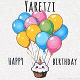 An adorable and cute cupcake with a smiley face and moving colorful balloons create a joyful birthday greeting for Yaretzi in this cheerful animated greeting E-card.