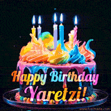 A mesmerizing animated cake with multicolor frosting and candles, and the words 'Happy Birthday Yaretzi' on the black background.