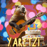 Animated birthday GIF showing a capybara playing guitar and singing beside a birthday cake with the name Yaretzi in large letters and colorful bokeh lights in the background.