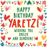 A colorful animated card for Yaretzi’s birthday featuring playful hearts, cheerful flowers, and a handwritten message wishing smiles and sunshine.