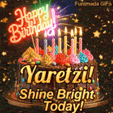 A customized birthday ecard for Yaretzi displaying a rich chocolate cake with a sparkly dark background.