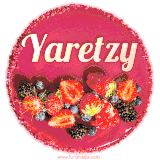 Beautifully decorated red velvet berry birthday cake with vibrant fruits and a glowing 'Yaretzy' name, adding a touch of sweetness and sparkle.