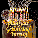 A chocolate birthday cake with glowing candles, the German text 'Alles Gute zum Geburtstag Yaretzy,' and vibrant fireworks lighting up the background in an animated GIF.