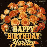 Animated bouquet of orange roses with moving butterfles and golden 'Happy Birthday Yaretzy' text, surrounded by sparkling accents and a dark backdrop for a luxurious feel.
