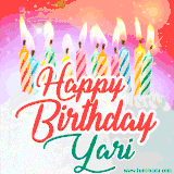 Bright birthday candles with rainbow flames on a cake, alongside the text 'Happy Birthday Yari' in vibrant script in this celebratory animated GIF.