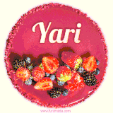 Beautifully decorated red velvet berry birthday cake with vibrant fruits and a glowing 'Yari' name, adding a touch of sweetness and sparkle.