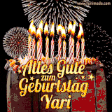 A chocolate birthday cake with glowing candles, the German text 'Alles Gute zum Geburtstag Yari,' and vibrant fireworks lighting up the background in an animated GIF.