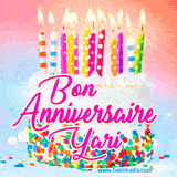 A white birthday cake covered in colorful sprinkles, topped with bright candles, and French text 'Bon Anniversaire Yari' on a pastel gradient background in an animated GIF.