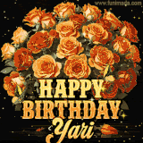 Animated bouquet of orange roses with moving butterfles and golden 'Happy Birthday Yari' text, surrounded by sparkling accents and a dark backdrop for a luxurious feel.