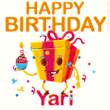 A vibrant and funny gift box character with a happy face dancing with a cupcake and the text 'Happy Birthday Yari,' surrounded by animated confetti and party vibes.