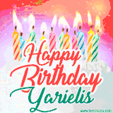 Bright birthday candles with rainbow flames on a cake, alongside the text 'Happy Birthday Yarielis' in vibrant script in this celebratory animated GIF.