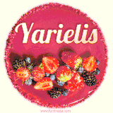 Beautifully decorated red velvet berry birthday cake with vibrant fruits and a glowing 'Yarielis' name, adding a touch of sweetness and sparkle.
