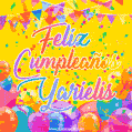 A bright and festive GIF with the text 'Feliz Cumpleaños Yarielis' in Spanish in colorful fonts, surrounded by confetti, balloons, and festive banners on a vibrant yellow background.