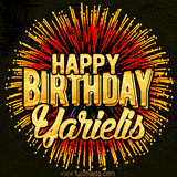 Golden 'Happy Birthday Yarielis' text accompanied by animated rainbow fireworks for a festive animated greeting.
