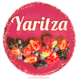 Beautifully decorated red velvet berry birthday cake with vibrant fruits and a glowing 'Yaritza' name, adding a touch of sweetness and sparkle.
