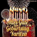 A chocolate birthday cake with glowing candles, the German text 'Alles Gute zum Geburtstag Yaritza,' and vibrant fireworks lighting up the background in an animated GIF.