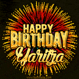 Golden 'Happy Birthday Yaritza' text accompanied by animated rainbow fireworks for a festive animated greeting.